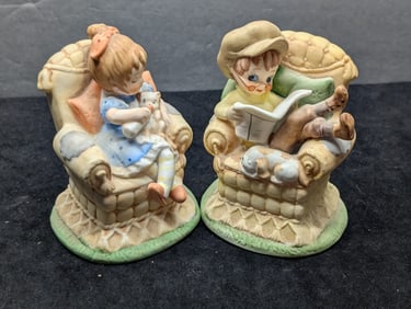 Bisque Boy and Girl Figurines in Chairs Playing Moma & Papa