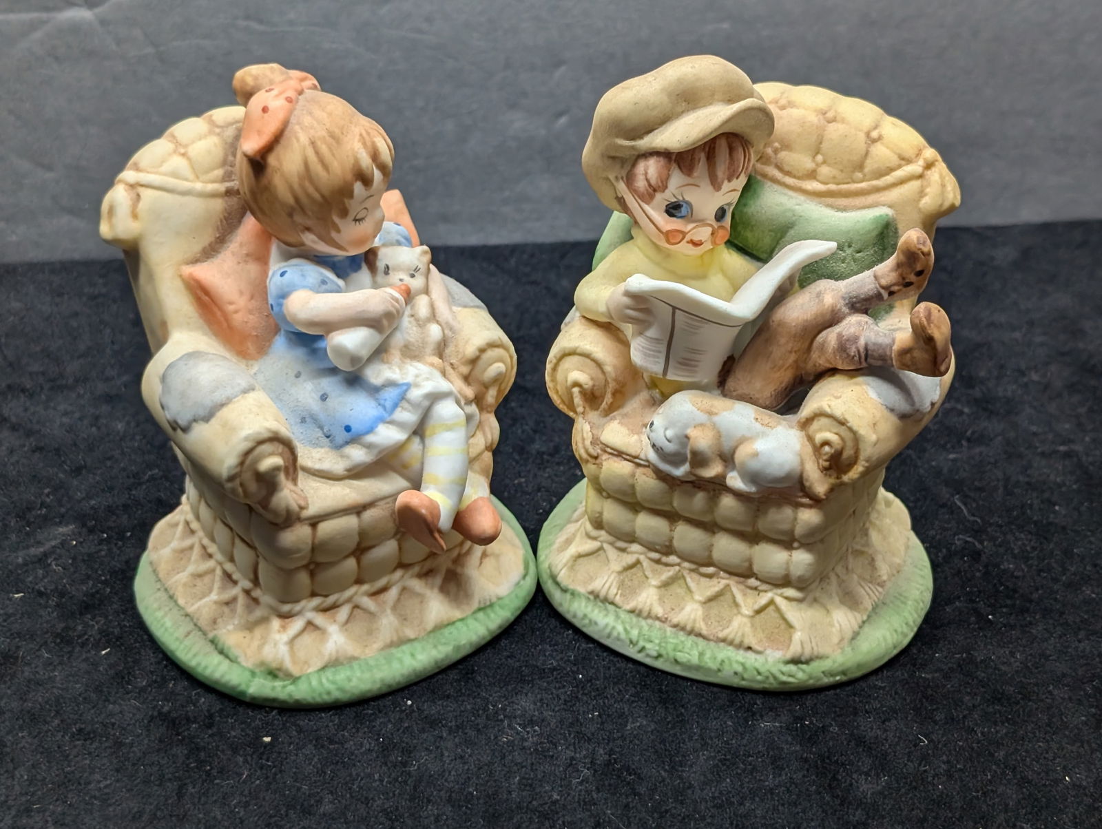 Bisque Boy and Girl Figurines in Chairs Playing Moma & Papa: Bisque Boy and Girl Figurines in Chairs Playing Moma & Papa