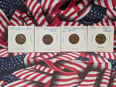 (4) Lincoln Wheat Cents 1941 Lamination, 1944 Lamination Head, 1945-D Lamination Head ,1946-S Brass