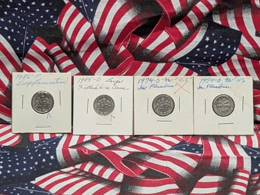 (4) Roosevelt Dimes 1986-P Deep Lamination, 1985-D Large Filled Die Area, (2) 1974-D No US in