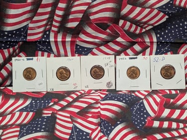 5 GEM UNC Lincoln Wheat Cents;1952-D, 1952, 1949, 1950, 1950-S