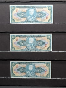 SUPER TOUGH 3- Consecutive SN 1961A Brazil 2 Cruzeiros Notes. UNC