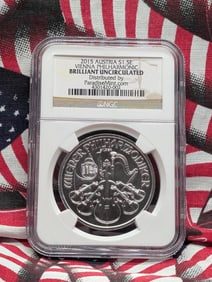 2015 Austria Vienna Philharmonic 1.5 Euro NGC BU, 1 Troy Ounce .999 Fine Silver