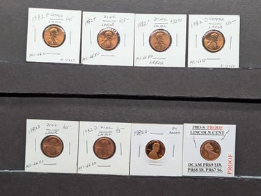 (7) 1982 P,D&S UNC & Proofs Copper & Zinc & (1) 1983-S Proof Lincoln Memorial Cent