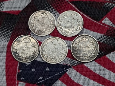 5 Canadian 925% Sterling Silver Coins, 1910, 1911, 1912, 1913 & 1914 Canada 5c, Over 110 Years Old!
