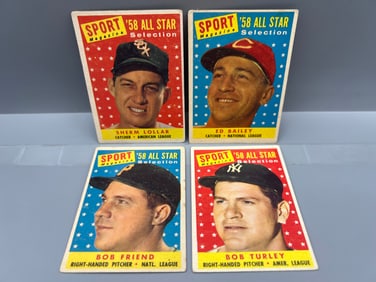 Lot of (4) 1958 Topps Baseball All Star Cards - Varying Conditions