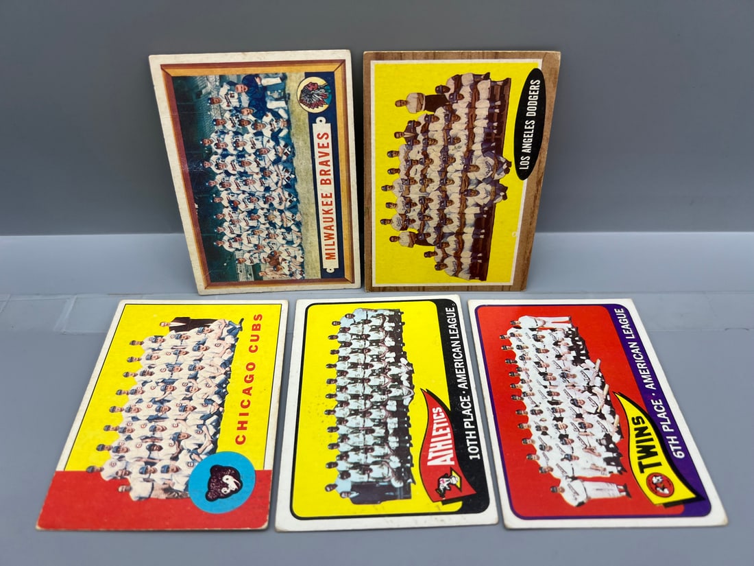 Lot of (5) 1957-1965 Topps Baseball Team Cards - Varying Conditions (1 of 2)