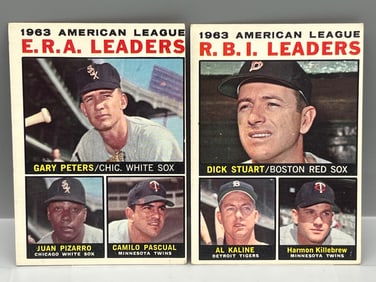 1964 Topps AL ERA Leaders Peters/Pizarro/Pascual #2 & AL RBI Leaders Stuart/Kaline/Killebrew #12