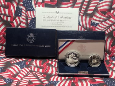 1991-1995-W&P PROOF WWII 50th Anniv. Commemorative 2-Coin Set in OGP w/ COA, 90% Silver Dollar.