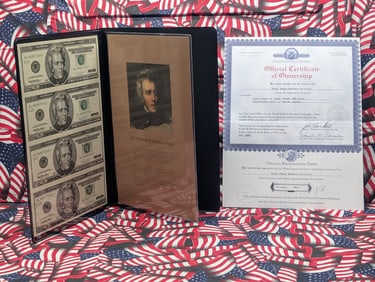Uncut Sheet of Four 1996 Series $20.00 Federal Reserve Star Notes in Nice Display Book w/ COA.