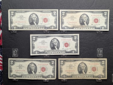 Four 1963 & One 1963-A Series $2.00 RED SEAL Banknotes.