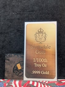 1/100th Oz. .9999 FINE GOLD Scottsdale Mint Designed Miniature Art Bar.