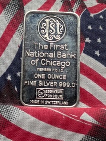 1 Oz. .999 FINE SILVER The First National Bank of Chicago Designed Art Bar.