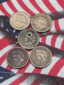 Lot of 5 Copper Nickel Indian Cents, One with hole.