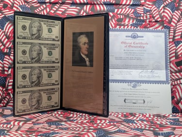 Uncut Sheet of Four 2003 Series $10.00 Federal Reserve Star Notes w/ Low S.N's in Nice Display Book