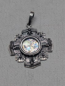 Ancient Roman Glass SOLID SILVER Necklace Pendant - REALLY NEAT PIECE!!