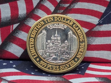 Limited Edition .999 FINE SILVER (Center) Excalibur Casino $10 Gaming Token in Capsule .
