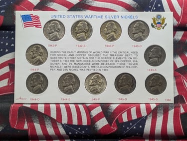 Complete set of 11 United States Wartime Silver Nickel Collection in Display .