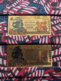 Lot of Two 24k Gold *LAYERED* 2008 Republic of Zimbabwe 100 Yottalillion Dollars Fantasy Notes.