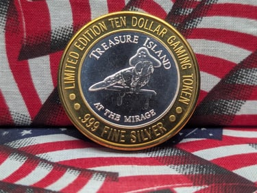 Limited Edition .999 FINE SILVER (Center) Treasure Island Casino $10 Gaming Token in Capsule .