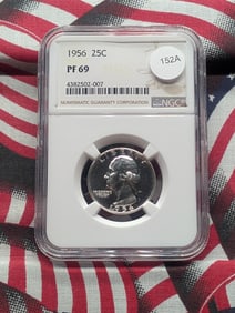 1956 Washington Quarter. Slabbed by NGC, top tier grader, as Proof 69. Totally white and flashy.