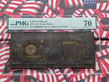100mg 24k Gold 1928 Series $20.00 Gold Certificate Commemorative Note - PMG Cert. GEM UNC 70.