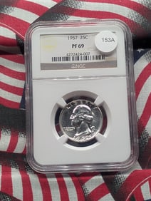 1957 Washington Quarter. Slabbed by NGC, top tier grader, as Proof 69. Totally white and flashy.