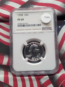 1958 Washington Quarter. Slabbed by NGC, top tier grader, as Proof 69. Totally white and flashy.