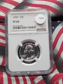1959 Washington Quarter. Slabbed by NGC, top tier grader, as Proof 69. Totally white and flashy.