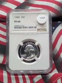 1960 Washington Quarter. Slabbed by NGC, top tier grader, as Proof 69. Totally white and flashy.