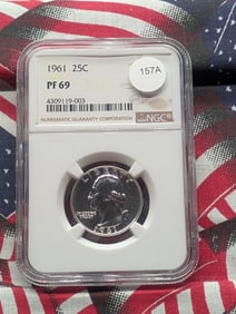 1961 Washington Quarter. Slabbed by NGC, top tier grader, as Proof 69. Totally white and flashy.