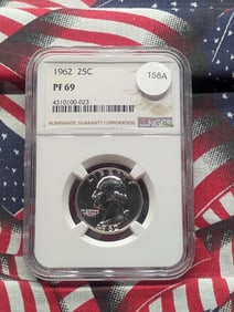 1962 Washington Quarter. Slabbed by NGC, top tier grader, as Proof 69. Totally white and flashy.