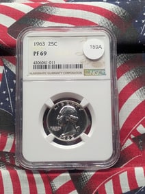 1963 Washington Quarter. Slabbed by NGC, top tier grader, as Proof 69. Totally white and flashy.