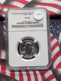 1964 Washington Quarter. Slabbed by NGC, top tier grader, as Proof 69. Totally white and flashy.