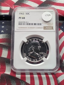 1962 Franklin Half. Slabbed by NGC, top tier grader, as Proof 68. Bright white flasher. Investment