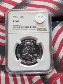 1963 Franklin Half. Slabbed by NGC, top tier grader, as Proof 68. Bright white flasher. Investment