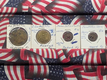 4 Quite rare Coal Company Store Tokens. All Kentucky: Heidelburg, Pineknot, Packard, and Hazard.
