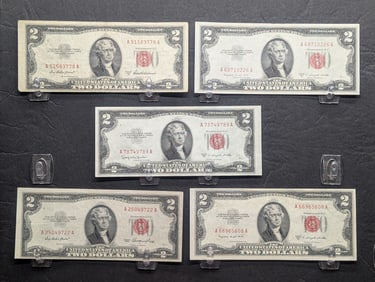 1953, 53-A, (2) 53-B, 53-C Series $2.00 RED SEAL Banknotes.