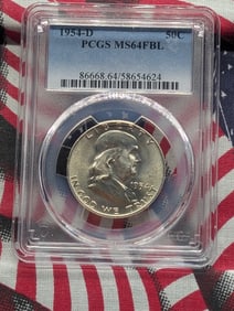 1954-D Franklin Half. Slabbed by PCGS, top grader, as MS 64 Full Bell Lines.
