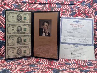 Uncut Sheet of Four 1995 Series $5.00 Federal Reserve Notes in Nice Display Book w/ COA.