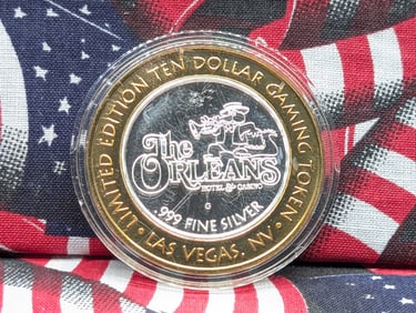 Limited Edition .999 FINE SILVER (Center) The Orleans Casino $10 Gaming Token in Capsule .