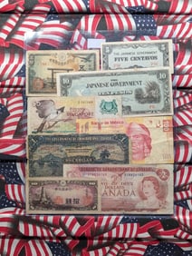 Lot of 8 Various *COOL* Vintage World Currency Notes in Display.