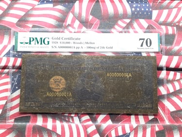 100mg 24k Gold 1928 Series $10,0000.00 Gold Certificate Commemorative Note - PMG Cert. GEM UNC 70.