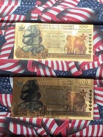 Lot of Two 24k Gold *LAYERED* 2008 Republic of Zimbabwe 100 Yottalillion Dollars Fantasy Notes.