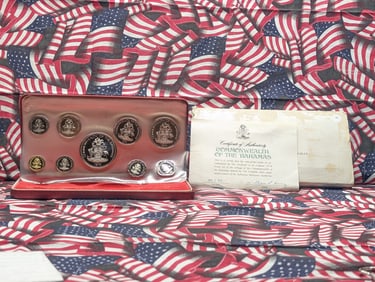 1974 Bahamas Commonwealth of the Bahamas Silver Proof Set (9 Coins in Set), Four Silver Coins, $5 @