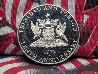 1972 Trinidad and Tobago $10 Dollars, Proof, 92.5% Silver, 45 Grams.