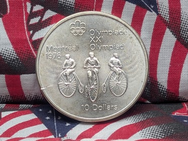 1974 Montreal Canadian $10 Dollars, Olympics, 92.5% Silver, 48.6 Grams.