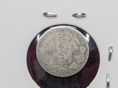 1853 Belgium 20 Centimes, 90% Silver, 1 Gram.