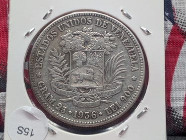 1936 South American 5 Bolivar, 90% Silver, 25 Grams.