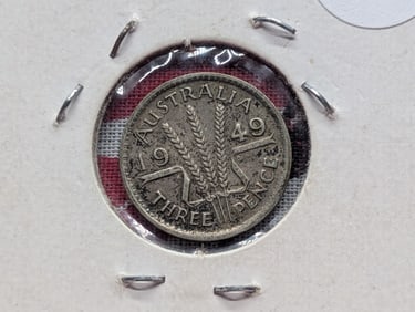 1949 Australia 3 Pence, 50% Silver, 1.41 Grams.